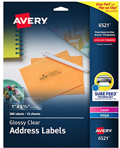 Avery Printable Address Labels with Sure Feed, 1 x 2-5/8, Glossy Clear, 300 Blank Mailing Labels for Laser and Inkjet Printers (6521)