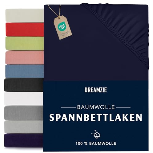 Dreamzie - Spannbettlaken - 180x200cm - 100% Baumwolle Jersey | Dunkelblau · Leintuch mit Rundumgummi · Spannbetttuch bis 27cm Steghöhe · Oeko-Tex zertifiziert · Doppelbett / King Size