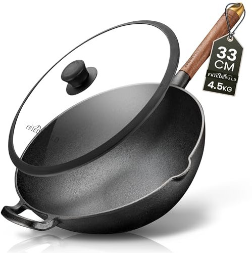 na Friedewald - Wok in ghisa con coperchio, adatto a piani cottura a induzione, 33 cm, 5 l, adatto a tutti i piani cottura, grande padella da griglia e cottura, rivestimento antiaderente