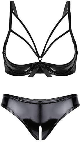 CHICTRY Womens 2 Piece Lingerie Set Stretch Vinyl Shelf Bra Quarter Cup Bra Tops with Panty Nightwear Strappy Black S