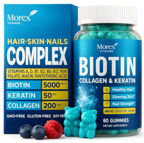 Biotin Gummies with Collagen & Keratin - Hair Growth Support, Skin and Nail Strength Vitamins for Women & Men - Vitamin B7 + B-Complex, MSM, Bamboo Extract - Beauty Chew Supplement - 60 Gummy Bears