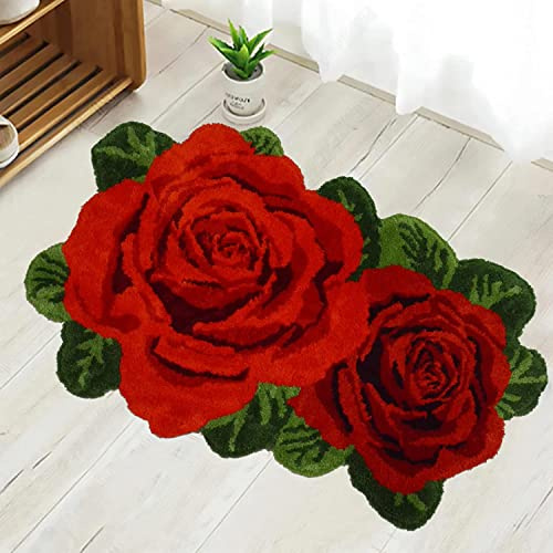 USTIDE Badematte mit Rosenmotiv, 5 x 7,6 cm, Rot, zottelig, Blumenform, Plüsch, wasserabsorbierend, Teppich für Küche, Waschtisch, Badewanne, waschbar, Hochflor-Fußmatte