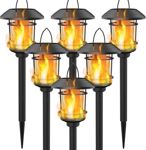 Dynaming 6 Pack Solar Flame Torch Lights Outdoor, Halloween Dual Use Flickering Flame Garden Light, Christmas Hanging Lanterns, Auto On/Off & Waterproof Lighting for Lawn Patio Yard Walkway Driveway