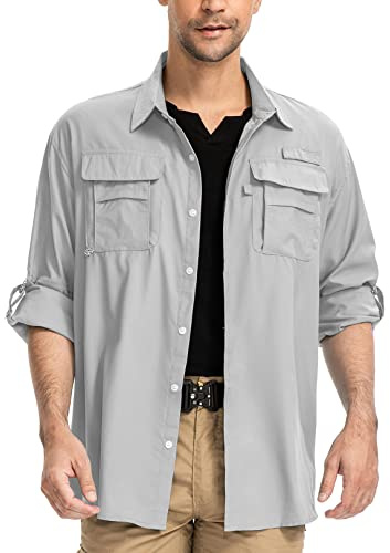 yeyity Camisa de safari de manga larga para exteriores UPF50 protección UV camisa funcional transpirable con botones para senderismo pesca trekking, gris, L