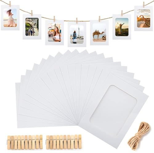 guangyuan 11x15cm Cornice di Carta per Foto DIY Album Portafoto Decorazione della Parete con Corda di Iuta e Mollette Appeso Decorazione di Festa Matrimonio e Compleanno 20 Pezzi, Bianco
