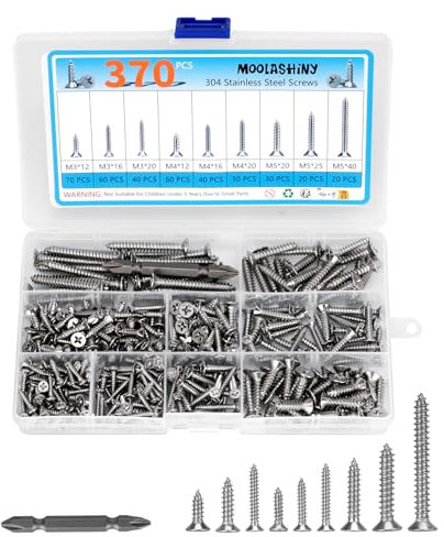 370 Pcs Self Tapping Screws, M3/M4/M5 304 Stainless Steel Wood Screws Assortment, Assorted Wood Screws with Storage Box & Screwdriver Bit for Woodwork
