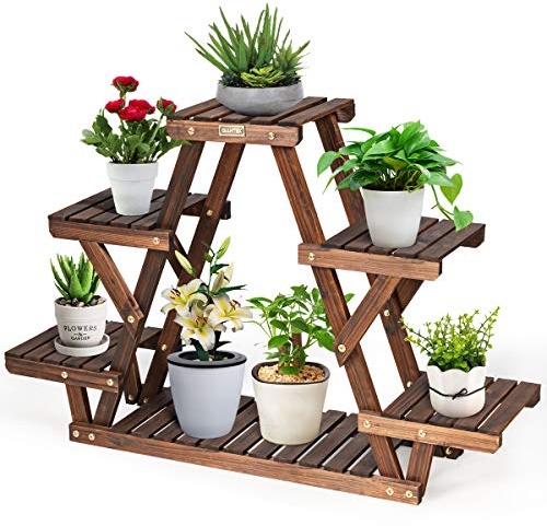 GYMAX Scaffale per Fiori a 6 Ripiani, Scaffale Triangolare Porta Piante, Portafiori Multifunzione in Abete, Mensola Scaffale Salvaspazio per Interno ed Esterno, 99x25x64 cm