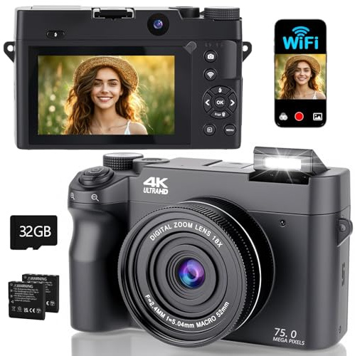 Camara de Fotos 4K 75MP - Zoom Digital 18X Camara Digital Enfoque Automático, Pantalla IPS de 3, Selfies/Vlogging, Tarjeta de 32GB, Camaras Compacta para Principiantes, Adolescentes (Negro)