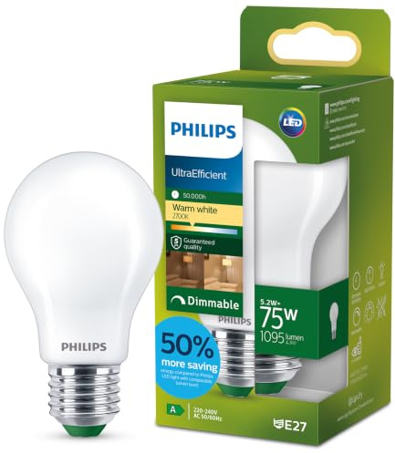 Philips LED UltraEfficient Frostad A60 ljuskälla, E27 sockel, energiklass A, 1095 lm, 75W ekvivalent, varmvit (2700K), dimbar, EyeComfort, 50 000 timmar, 1 förpackning