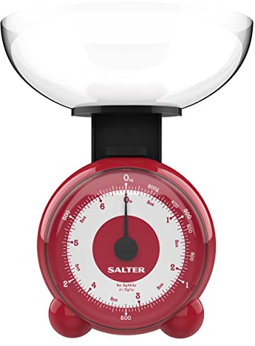 Salter 139 RDDRA Retro mechanische Küchenwaage - Backwaage mit 3 KG maximale Tragfähigkeit, 1-Liter-spülmaschinenfest Schüssel, Batteriefreie Lebensmittelwaage mit Leicht ablesbares Display, Rot