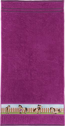 Erwin Müller Kinder-Badetuch Frottier Fuchsia Größe 70x140 cm - mit Pferdemotiv auf Bordüre, weich, hautfreundlich, 100% Baumwolle
