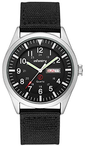 Infantry Mens Military Army Watch - Gents Silver Case Analogue Tactical Wristwatch, 12/24 Hour Military Time with Day Date, 5ATM Waterproof Outdoor Field Watch, Durable Nylon Strap