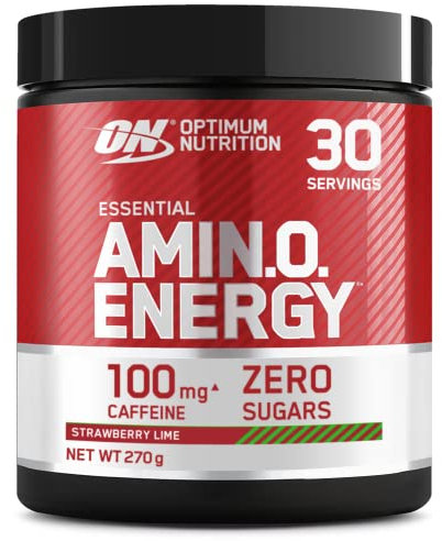 Optimum Nutrition Amino Energy Polvo Pre Entrenamiento, Bebida Energética con Aminoácidos, BCAA, L-Glutamina y L-Leucina, Complemento con Vitamina C y Cafeína, Sabor Fresa Lima, 30 Porciones, 270 g