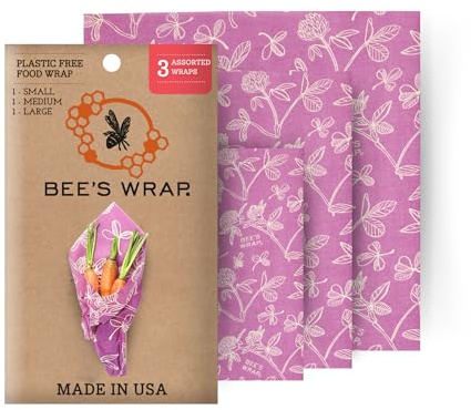 Bee's Wrap set med 3 förpackningar i olika storlekar, klövertryck, bivax, violett, 33,02 x 35,56 x 0,3 cm