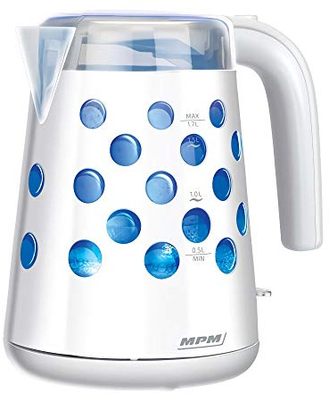 MPM MCZ-86 Elektrischer Wasserkocher 1,7 L, BPA-freier Kunststoffbehälter, Kabellos, Abschaltautomatik, Beleuchteter Innenraum, Weiß, 2200W