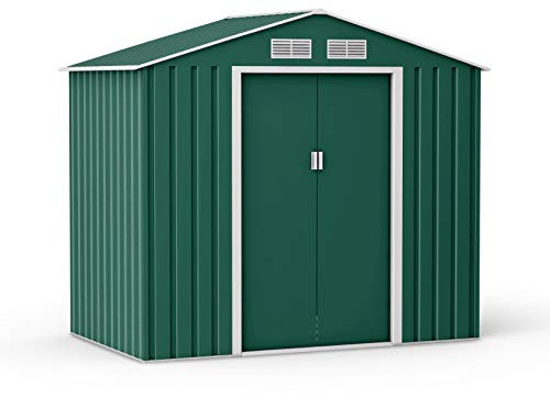 BillyOh Ranger Apex 7x4 Shed, Dark Green - Galvanised Steel Garden Storage Box for Tools & Bike with Vents, Foundation Kit - Lockable 2 Door Metal Shed for Outdoor Storage Cabinet Solution