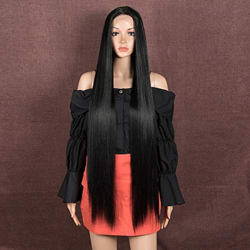 Style Icon Lace Front Perücken Wigs 94 cm Super Lange Spitze Front Seidig Gerade Haare Perücken Für Frauen Weichen Haarersatz Synthetische Perücken (Black)