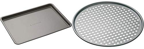 MasterClass Baking Tray, Non-Stick Oven Tray for Baking and Roasting 35x25x2cm, Sleeved & MasterClass 32 cm Perforated Pizza Tray with PFOA Non Stick, Robust 1 mm Thick Carbon Steel