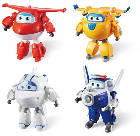 Super Wings Transforming-Set x4 Spielflugzeug und Roboterfigur Verwandelbare Figur und Roboter aus der Zeichentrickserie Spielzeug für Kinder ab 3 Jahren - 12 cm, Blau Gelb Weiß Rot