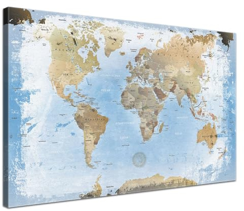 LANA KK Stilvolle Pinnwand Weltkarte - Ice - Deutsch in 120 x 80 cm, stabile Rückwand zum Pinnen inkl. Starterkit - Leinwand-Kunstdruck Wandbild Landkarte XXL