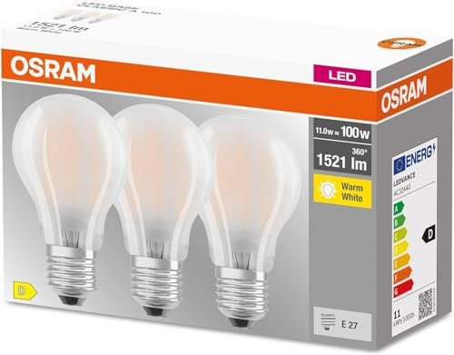 OSRAM LED-Lampe, Sockel: E27, Warm weiß, 2700 K, 11 W, Ersatz für 100-W-Glühbirne, matt, LED BASE CLASSIC A, 3er-Pack
