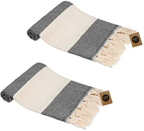 KZY LONDON Turkish Hand Towel Set of 2 - Towel for Kitchen and Bathroom - 50x100cm, 18,5x40 Inches - Prewashed Absorbent Peshtemal Decorative Towel for Face, Hand, Hair, Gym, Travel (Black)
