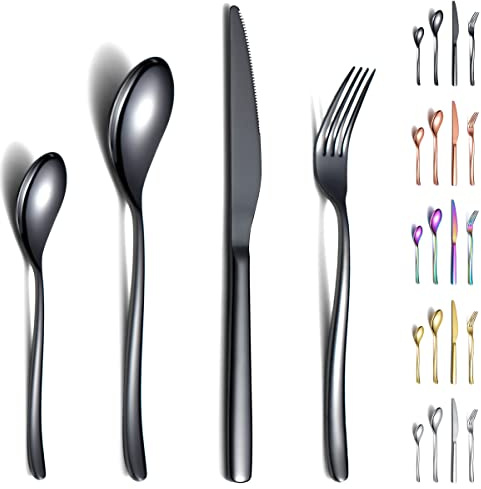 Berglander 24-teiliges stabiles Edelstahl Schwarz Titan BesteckSet, Rostfrei, Gabeln und Löffel, Spülmaschinenfest