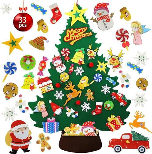 Viilich Albero di Natale in feltro, 110 cm, fai da te per bambini, set di decorazioni da appendere con 33 decorazioni rimovibili in feltro, decorazione natalizia