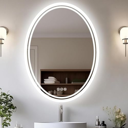 LUVODI Badspiegel mit Beleuchtung Oval: 50x70 cm ovaler Spiegel mit Hintergrundbeleuchtung, 3 Touchschalter, Dimmbar 3 Lichtfarbe, Nebelfrei Memory-Funktion Wandspiegel IP65 Wasserdicht