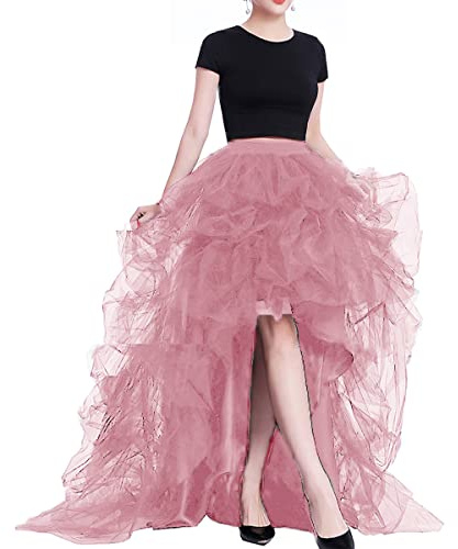 Lisong Women High Waist High Low Layered Tulle Floor Length Spectial Occasion Skirt L Dusty Pink