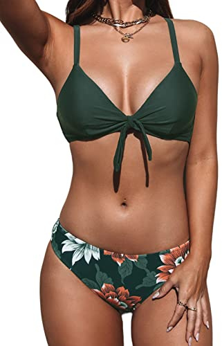 CUPSHE Femme Bikini Triangle à Nœud Ensemble Bikini Dos Croisé Taille Basse échancré Maillots de Bain 2 Pièces Vert Froncé Floral L