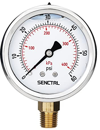 SENCTRL 60 Psi Glycerin Liquid Filled Low Pressure Gauge, 2.5 Dial Size, 1/4 NPT Lower Mount, Stainless Steel Case, Pool Sand Filter Water Pump Tire Water Oil Air Pressure Test