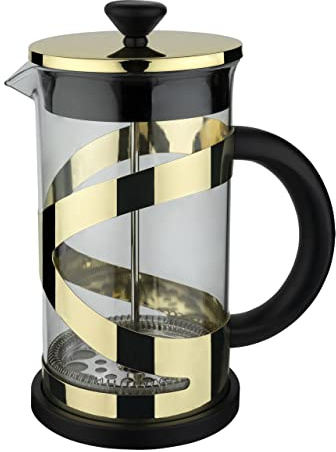 Café Olé Classico Oro Cafetera, 600 ml / 2 tazas / 5 tazas de espresso, cafetera francesa, filtro de malla de acero inoxidable, cuerpo de vidrio, acabado dorado