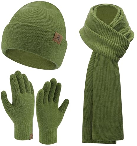 Herren Damen Winter Warm Beanie Mütze Lang Schal Touchscreen Handschuhe Set, Gerippte Strickmütze Wintermütze Schals Winterhandschuhe Geschenk Männer Weihnachten, Olivgrün