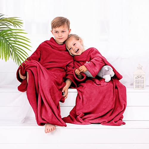 texpot Kinderdecke 90 x 105 cm mit Ärmeln Farbe rot Microfaser Fleecedecke Kuscheldecke Weich Decke
