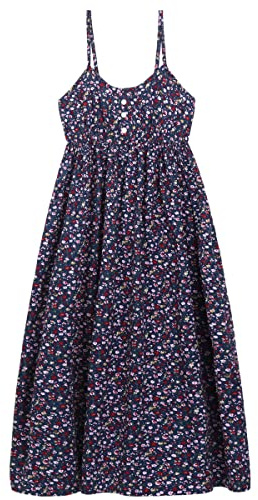 Robe à bretelles pour femme,100 % coton,Popeline,Robe de plage,Robe midi,Florale,Longue,Taille haute avec bretelles réglables, A02 bleu marine avec fleurs rouges et blanches, 36-44