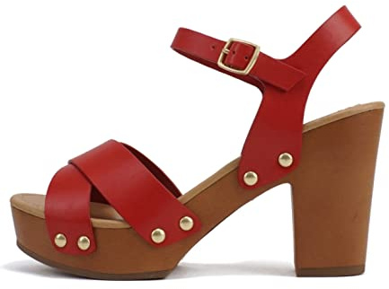 Soda MIGUEL ~ Women Crisscross Band Fashion Chunky Platform Block Mid Heel Sandal with Ankle Strap and Stud (RED PU, us_footwear_size_system, adult, women, numeric, medium, numeric_7)