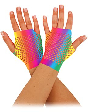 HENBRANDT Rainbow Short Fingerless Fishnet Gloves - LGBTQ+ Pride Accessories, Wrist Length Stretchy Mesh Neon Gloves for 80s 90s Fancy Dress - Women's Accessories