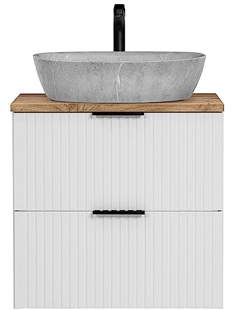 Lomadox Waschtisch 60cm mit Aufsatzbecken, weiß mit Eiche Nb., Front gerillt, Keramikwaschbecken Beton Optik hell