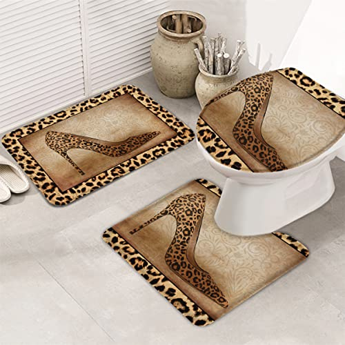 Badezimmerteppich-Set, 3-teilig, rutschfest, Badematte, sexy Leopard, High-Heel-Schuh-Dekor, Boden-Fußmatte, wasserabsorbierender WC-Deckelbezug und U-förmiger Konturteppich, Retro-Wildtier-Tierhaut