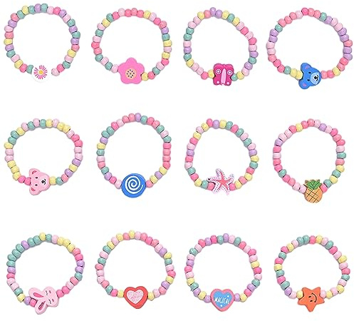kissral 12 Pièces Bracelets Animaux en Bois pour Enfants Bracelets de Perles en Bois Faits à la Main, Adaptés aux Filles Comme Cadeaux d'Anniversaire et Cadeaux de Fête (Diamètre 6 cm, Élastique)