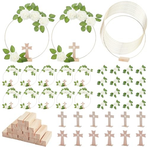 INFUNLY 12 Set DIY Blumenkronen Making Kit Holz Kreuz Kränze Metall Kreis Kränze Handgemachte Blumengirlande Kit Machen Sie Ihr eigenes Blumenkranz Geschenk für Hochzeit Geburtstag Party DIY Kunst und