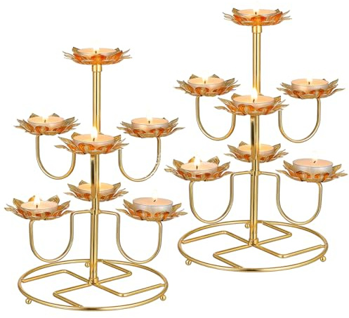 HOMSFOU 9-Inch Vintage Lotus Candle Holder Set 2Pcs Metal Tea Light Holders for Buddhist Temple Home Decor Yoga Meditation Candle Stand