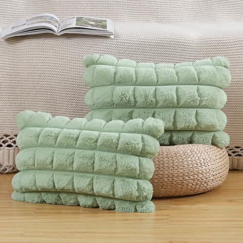 Madizz 2er Set Kunstpelz Plüsch Dekorative Kissenbezüge Gestreifte Weich Dekorative Kissenbezug für Sofa Schlafzimmer Kissen Shell Grün 30 x 50 cm