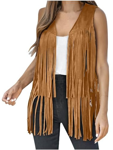 DeaAmyGline Hippie Kostüm Damen 70er, Fransen Ärmellose Weste Faux Wildleder Cowboy Fransenweste Retro Fransenjacken Cardigan Bolero für Disco Outfit Karneval Kleidung Faschingskostüme