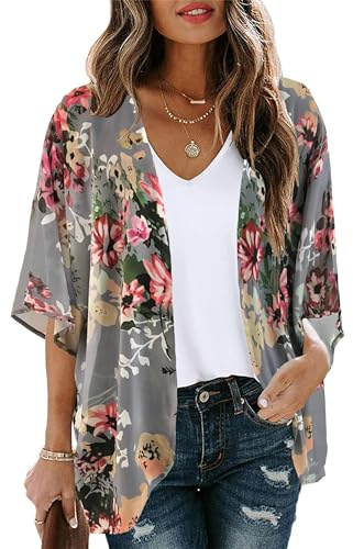 Damen Sommer Cardigan Kurz Ärmel Strickjacke Vorne Offen Strand Kimono | Weicher und atmungsaktiver Stoff, Casual Floral Bedruckte Strandtunika, Locker Vintage Blumen Boho Bikini Cover Up