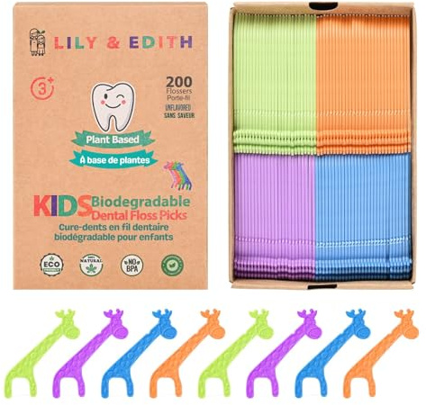 LILY & EDITH Kids Biodegradable Dental Floss Picks 200 Counts, Fluoride Free, Plant Based Material, Fun Animal Flossing Sticks, Ultra Sturdy Thread, Zero Waste Package (Unflavored)