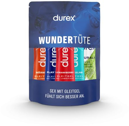 Durex Play Gleitgel Ausprobierpaket für Sie und Ihn mit 5 verschiedenen Artikeln (Naturals Extra Sensitive,Play Strawberry, Play Wärmend, Play Prickelnd, Play Feel) 5er Pack (5 x 50ml)
