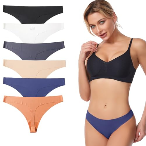 Dam osynlig tanga stringtrosa set med 6, låg midja, sömlösa stringtrosor, bekväm passform, damtrosor för arbete, fritid, sport, C-6 färger, M