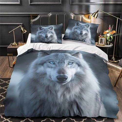 Bettwäsche Set Bettbezug 140x200 Weich Bequem Atmungsaktiv Hypoallergen Mikrofaser Bettbezüge und 2 Kissenbezug, für Teenager-Schlafzimmer-Dekor（Grauer Wolf